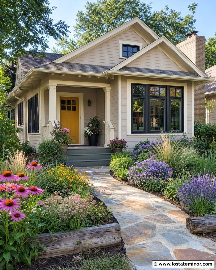 Taupe House With Yellow Door And Pollinator Garden - 30 Taupe House Design With Landscaping Ideas