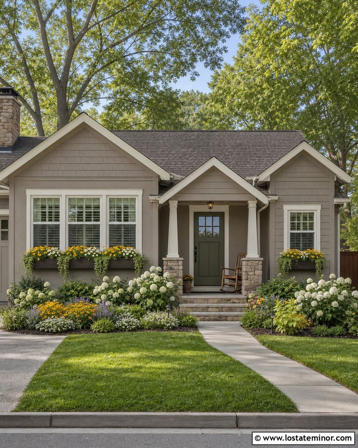 Taupe House With Yellow Flower Window Boxes - 30 Taupe House Design With Window Boxes Ideas