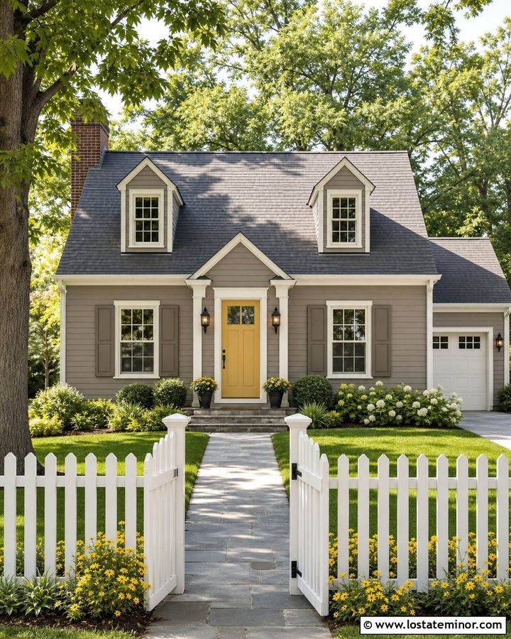 Taupe House With Yellow Front Door - 30 Taupe House Design With Accents Ideas