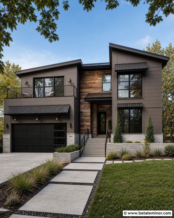 Taupe Industrial House With Corrugated Awnings - 30 Taupe House Design With Awning Ideas