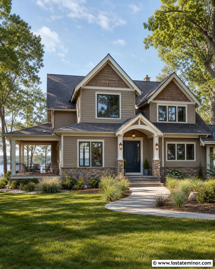 Taupe Lake House With Cedar And Path Lights - 30 Taupe House Design With Lighting Ideas