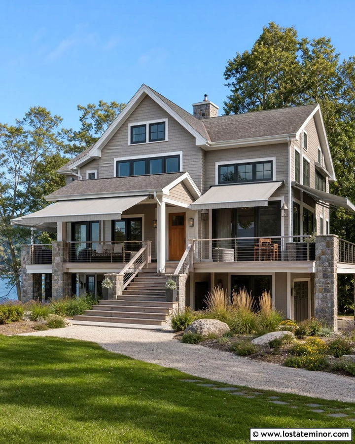 Taupe Lake House With Gray Retractable Awnings - 30 Taupe House Design With Awning Ideas