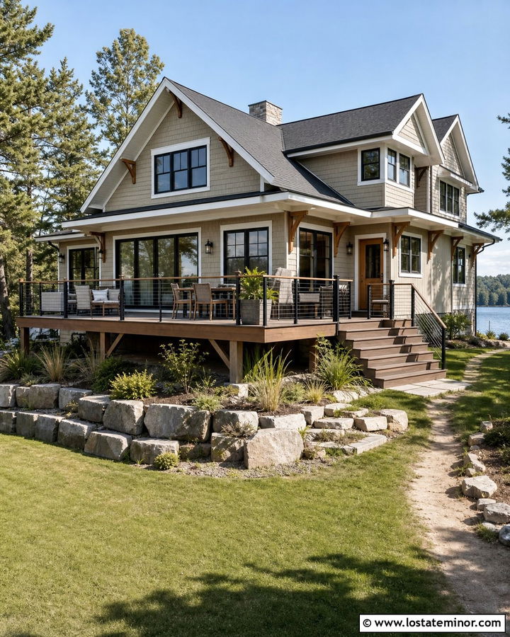 Taupe Lake House With Large Rear Deck - 30 Taupe House Design With Deck Ideas
