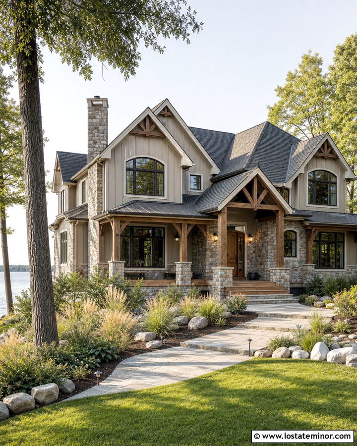 Taupe Lake House With Mixed Stone - 30 Taupe House Design With Stone Accents Ideas