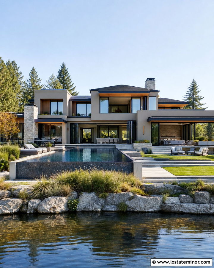Taupe Lake House With Vanishing Edge Pool - 30 Taupe House Design With Swimming Pool Ideas