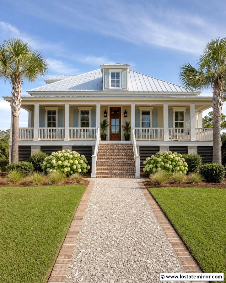 Taupe Low Country House With Tabby Walkway - 30 Taupe House Design With Walkway Ideas