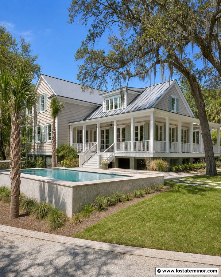 Taupe Lowcountry House With Raised Pool - 30 Taupe House Design With Swimming Pool Ideas