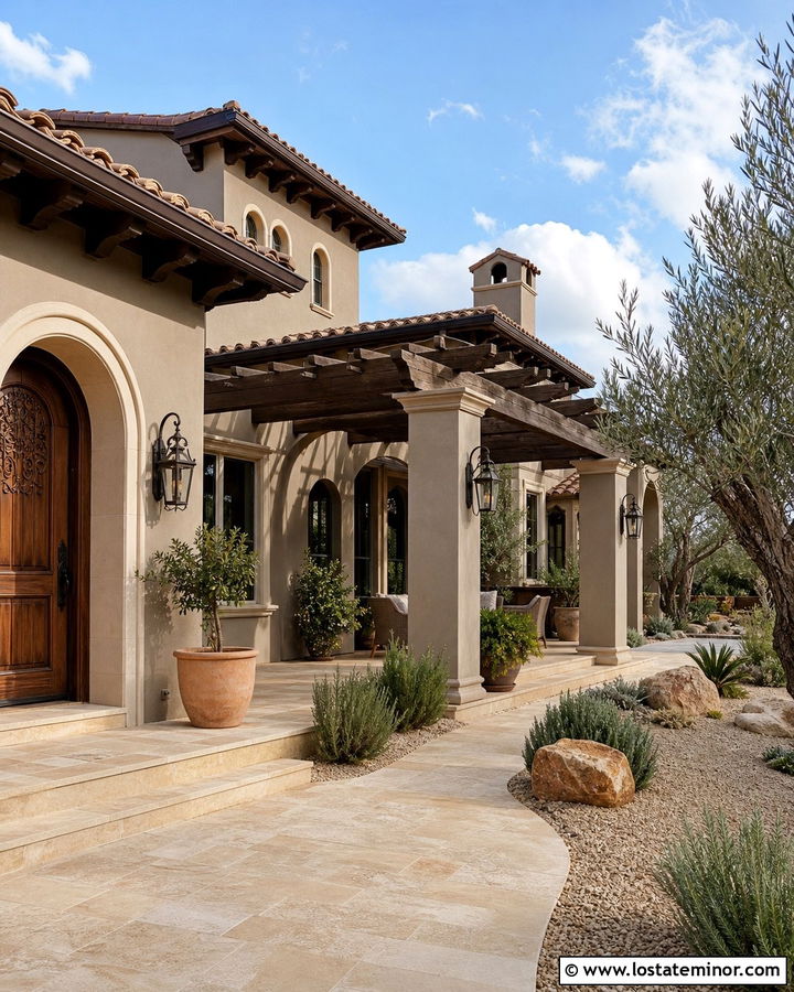 Taupe Mediterranean House With Arched Pergola - 30 Taupe House Design With Pergola Ideas