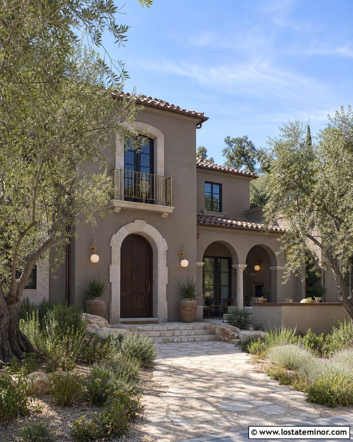Taupe Mediterranean House With Brass Globe Sconces - 30 Taupe House Design With Light Fixtures Ideas