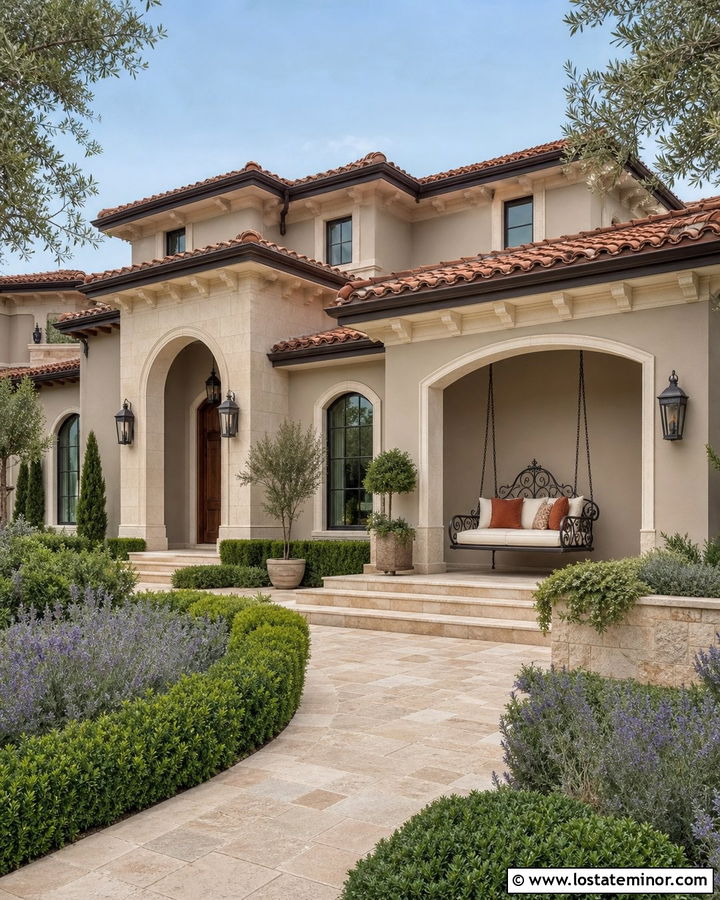 Taupe Mediterranean House With Iron Swing - 30 Taupe House Design With Swing Ideas