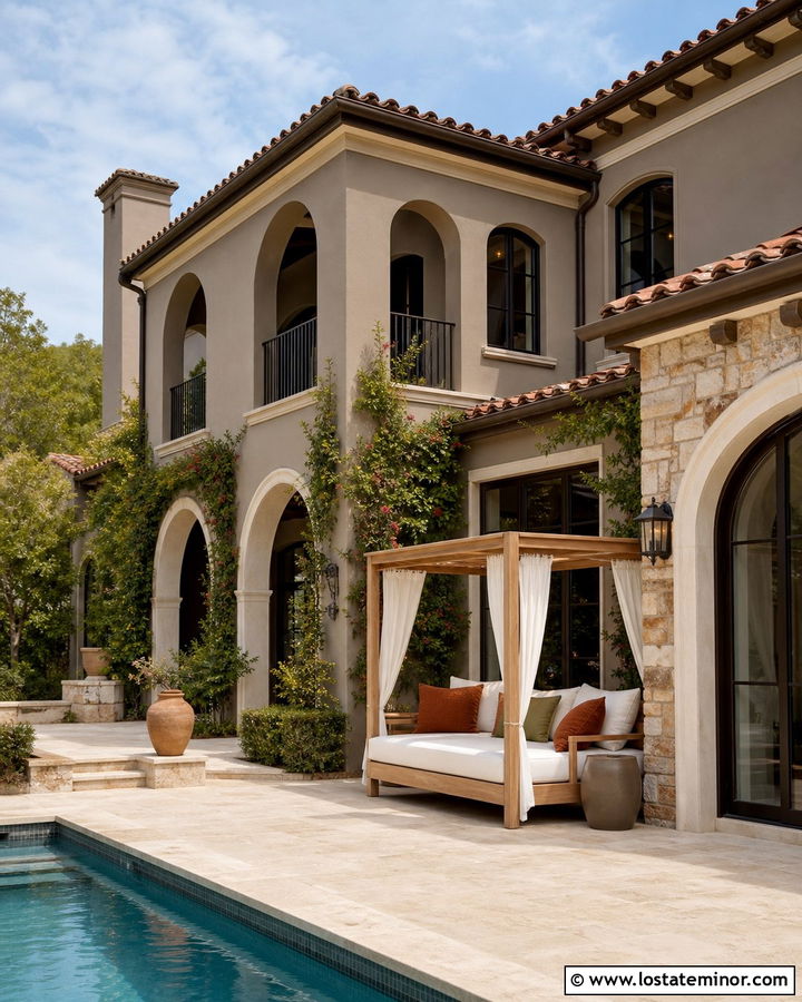 Taupe Mediterranean House With Poolside Daybed - 30 Taupe House Design With Daybed Ideas