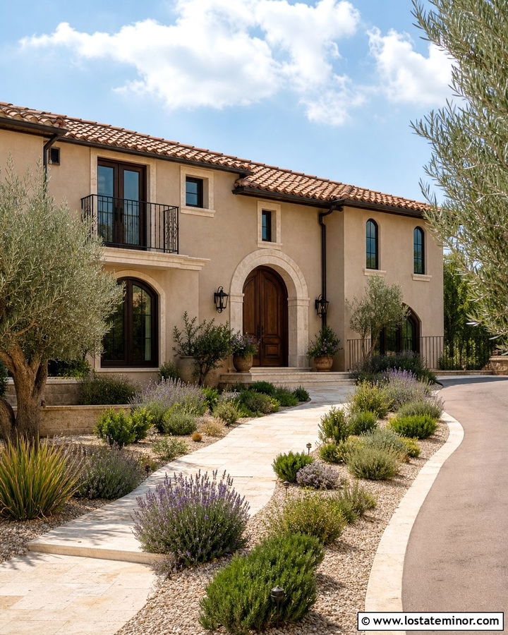 Taupe Mediterranean House With Travertine Walkway - 30 Taupe House Design With Walkway Ideas