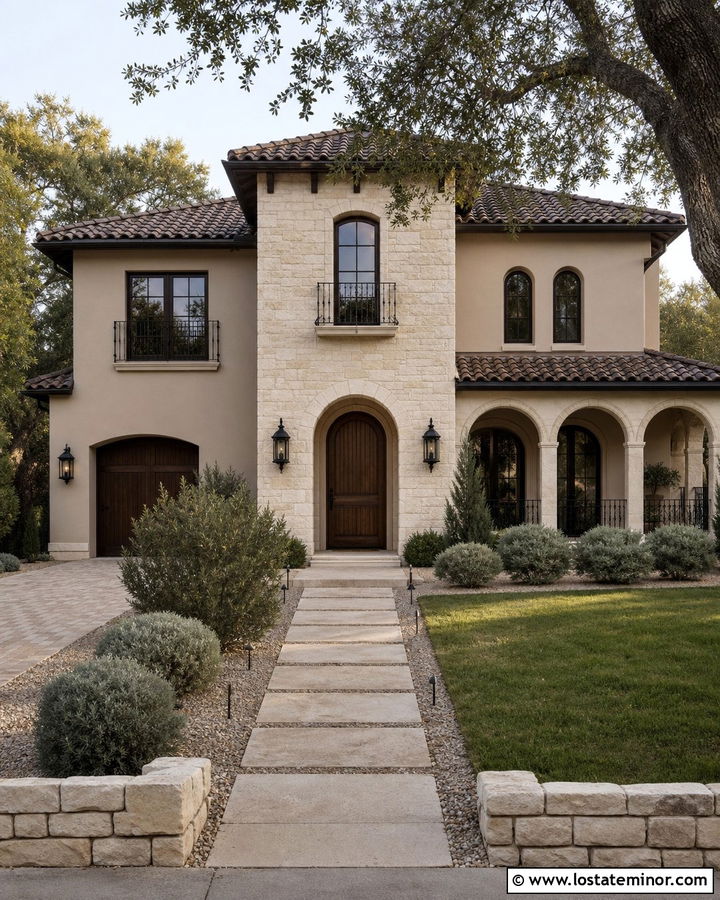 Taupe Mediterranean House With Travertine - 30 Taupe House Design With Stone Accents Ideas