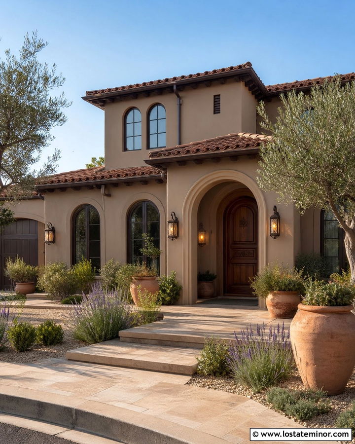 Taupe Mediterranean House With Wall Lanterns - 30 Taupe House Design With Lighting Ideas