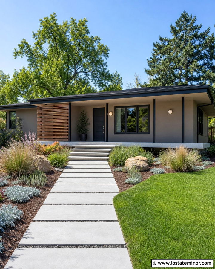 Taupe Midcentury House With Concrete Porch - 30 Taupe House Design With Front Porch Ideas