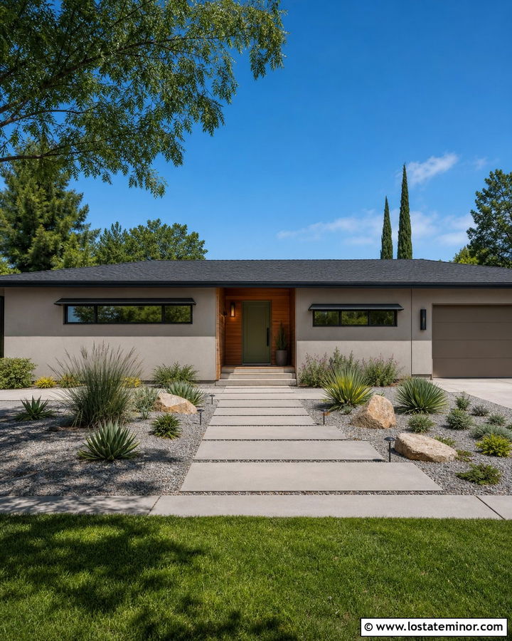 Taupe Midcentury House With Flat Metal Awnings - 30 Taupe House Design With Awning Ideas