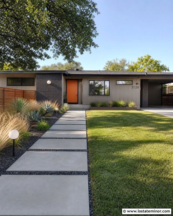 Taupe Midcentury House With Geometric Walkway - 30 Taupe House Design With Walkway Ideas