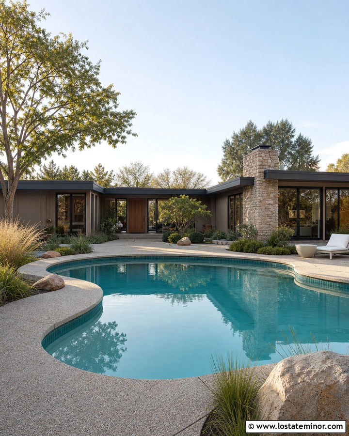 Taupe Midcentury House With Kidney Pool - 30 Taupe House Design With Swimming Pool Ideas