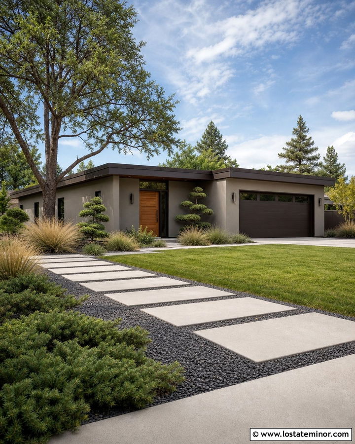 Taupe Midcentury House With Minimal Front Yard - 30 Taupe House Design With Front Yard Ideas