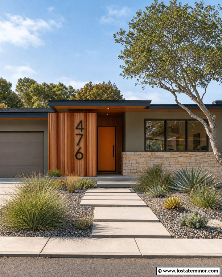 Taupe Midcentury House With Number Screen - 30 Taupe House Design With House Numbers Ideas