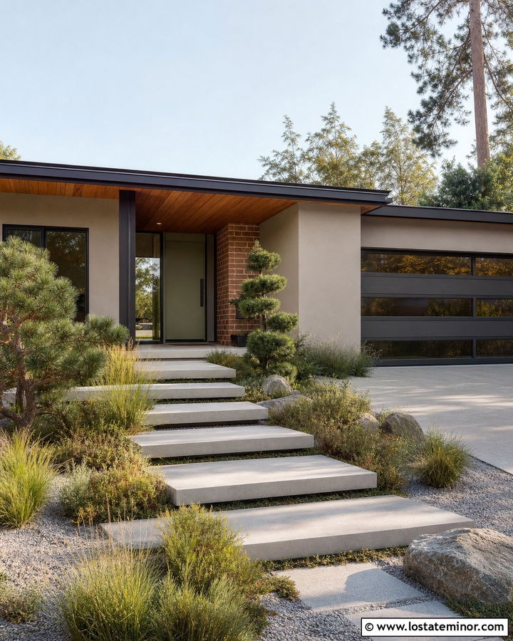 Taupe Midcentury House With Slab Steps - 30 Taupe House Design With Steps Ideas