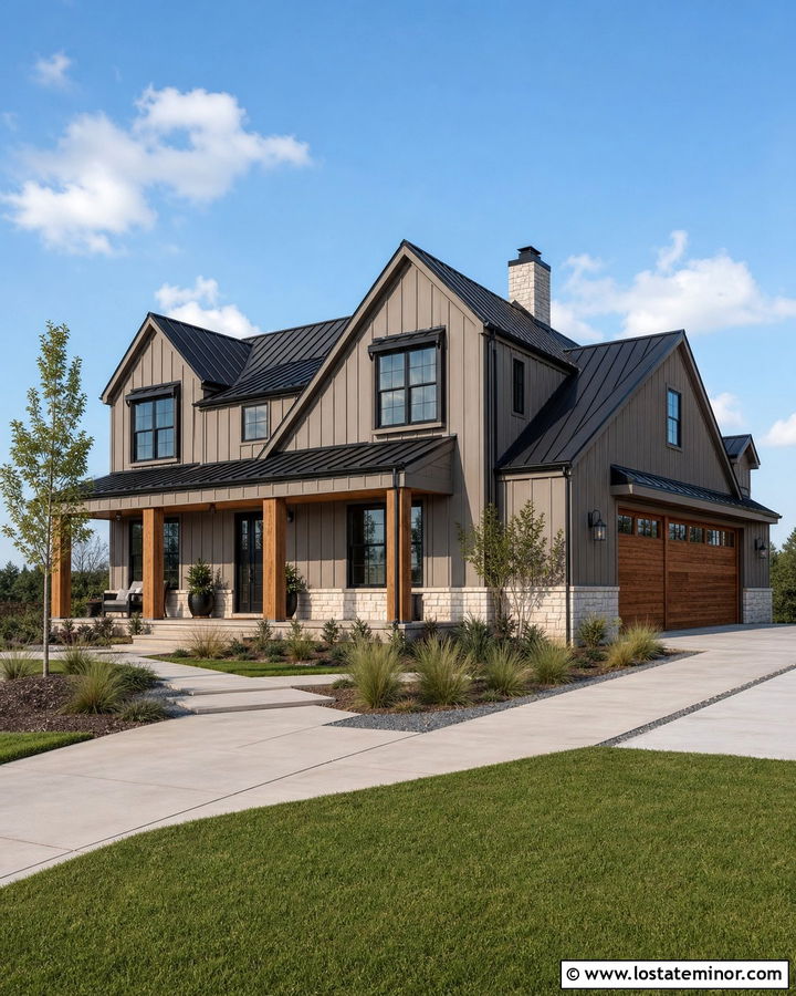 Taupe Modern Farmhouse With Black Dormers - 30 Taupe House Design With Dormers Ideas