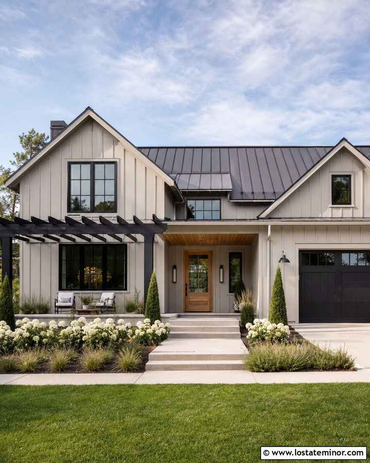 Taupe Modern Farmhouse With Black Pergola - 30 Taupe House Design With Pergola Ideas