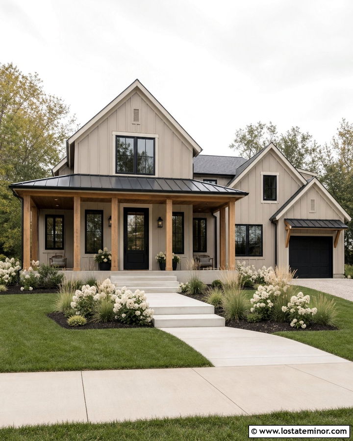 Taupe Modern Farmhouse With Black Porch Roof - 30 Taupe House Design With Front Porch Ideas