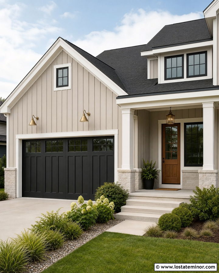 Taupe Modern Farmhouse With Brass Cone Sconces - 30 Taupe House Design With Light Fixtures Ideas