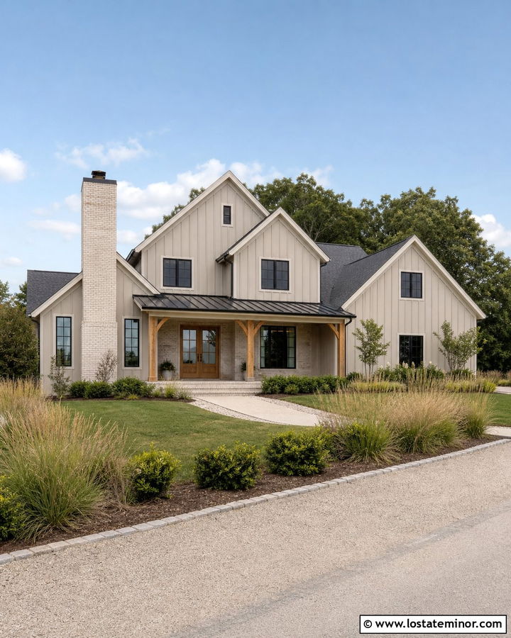 Taupe Modern Farmhouse With Brick - 30 Taupe House Design With Brick Accents Ideas