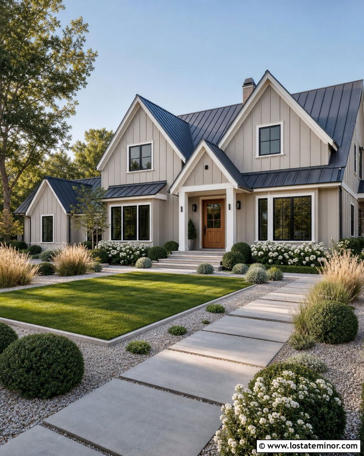 Taupe Modern Farmhouse With Gravel Front Yard - 30 Taupe House Design With Front Yard Ideas
