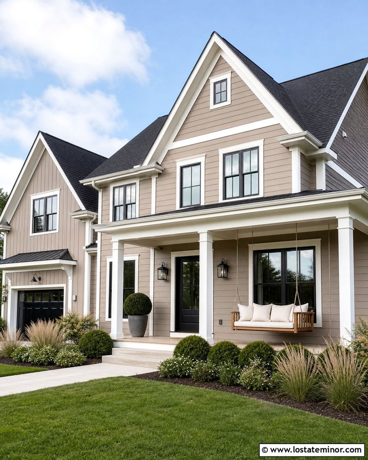 Taupe Modern Farmhouse With Hanging Porch Daybed - 30 Taupe House Design With Daybed Ideas