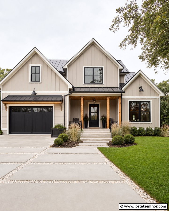 Taupe Modern Farmhouse With Large Paver Walkway - 30 Taupe House Design With Walkway Ideas