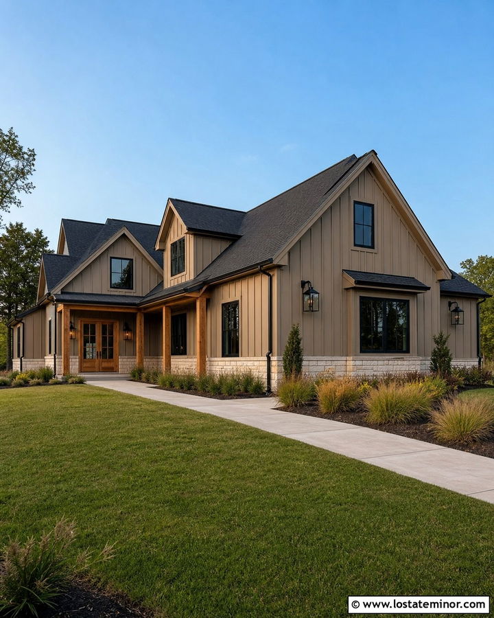 Taupe Modern Farmhouse With Oversized Lanterns - 30 Taupe House Design With Lighting Ideas