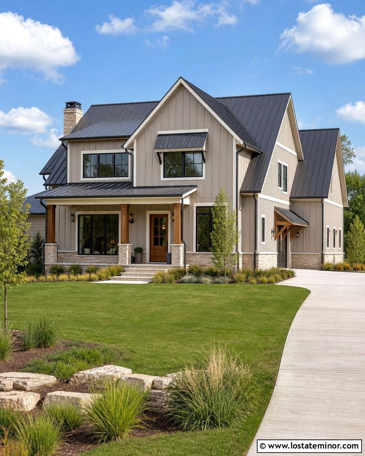 Taupe Modern Farmhouse With Standing Seam Awnings - 30 Taupe House Design With Awning Ideas
