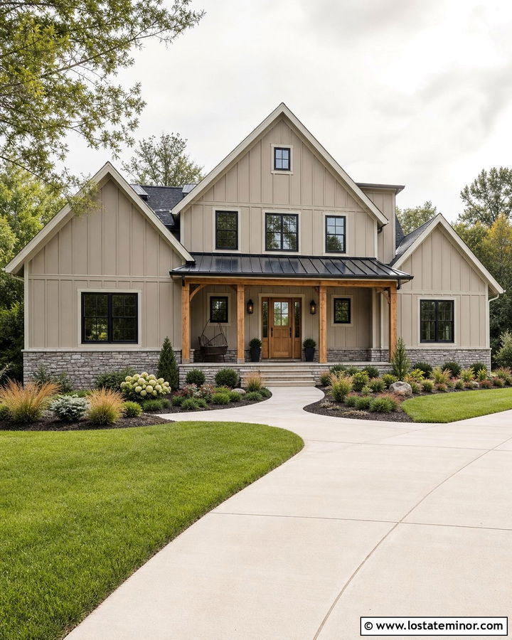 Taupe Modern Farmhouse With Stone Skirting - 30 Taupe House Design With Stone Accents Ideas