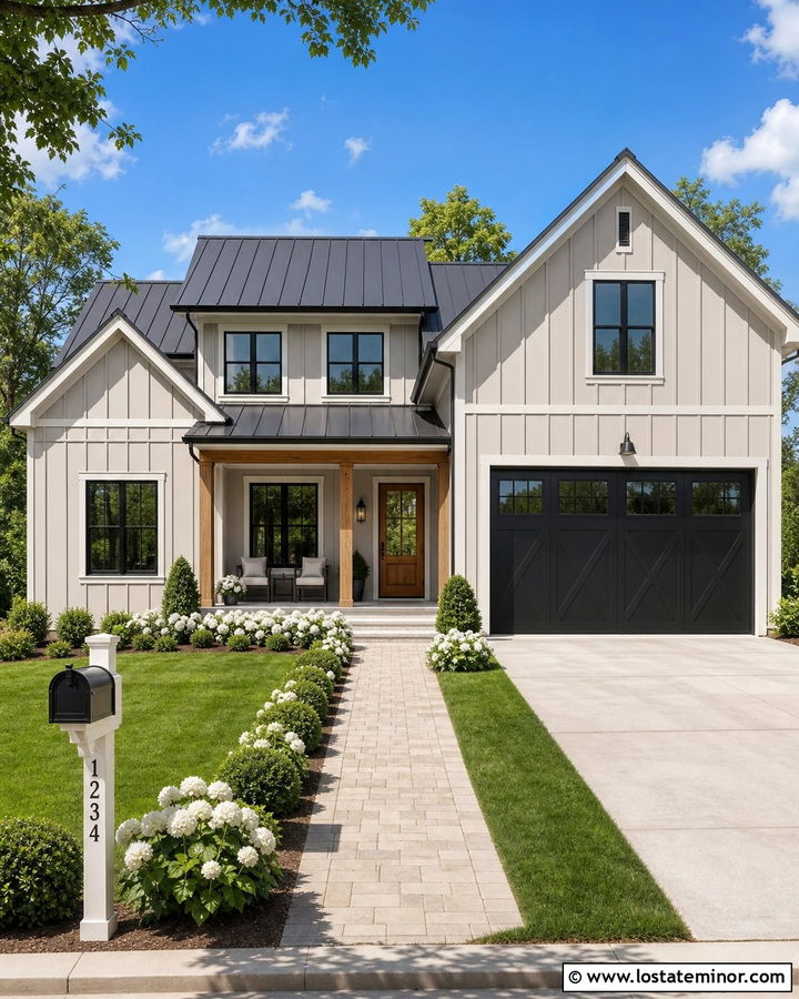 Taupe Modern Farmhouse With White Mailbox - 30 Taupe House Design With Mailbox Ideas