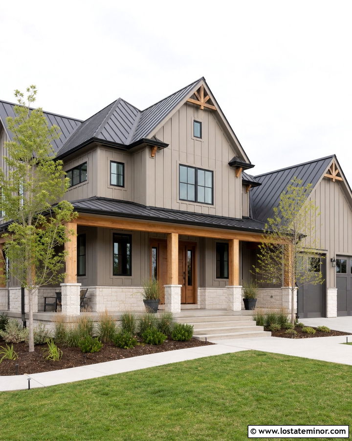 Taupe Modern Farmhouse With Wood Accents - 30 Taupe House Design With Accents Ideas
