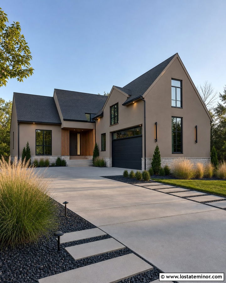 Taupe Modern Gable House With Vertical Sconces - 30 Taupe House Design With Lighting Ideas