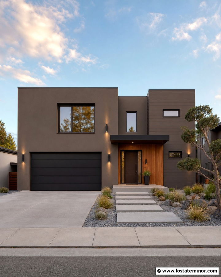 Taupe Modern House With Bronze Cylinder Lights - 30 Taupe House Design With Light Fixtures Ideas