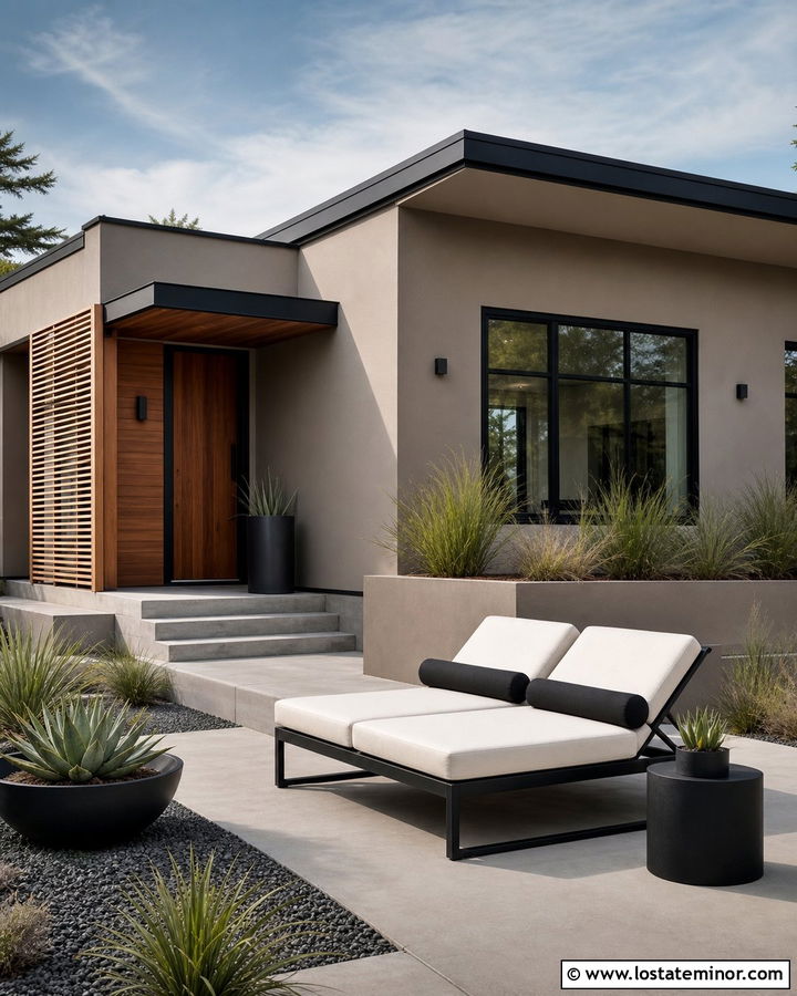 Taupe Modern House With Concrete Patio Daybed - 30 Taupe House Design With Daybed Ideas