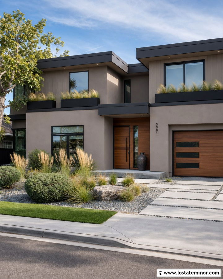 Taupe Modern House With Minimal Window Boxes - 30 Taupe House Design With Window Boxes Ideas