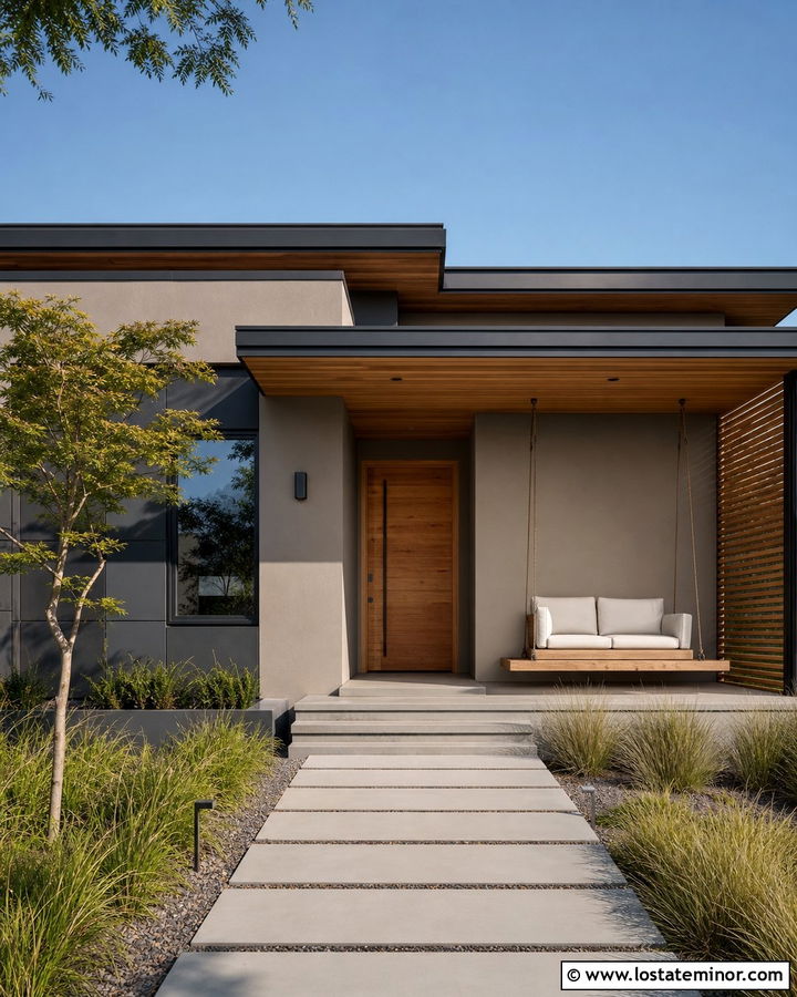 Taupe Modern House With Platform Swing - 30 Taupe House Design With Swing Ideas