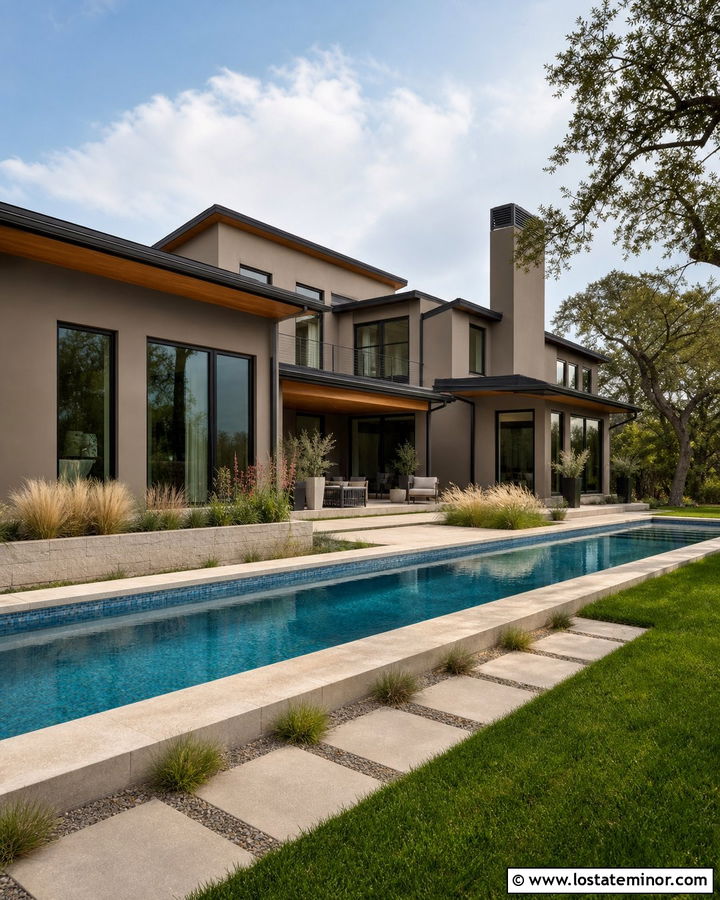 Taupe Modern House With Rectangular Pool - 30 Taupe House Design With Swimming Pool Ideas