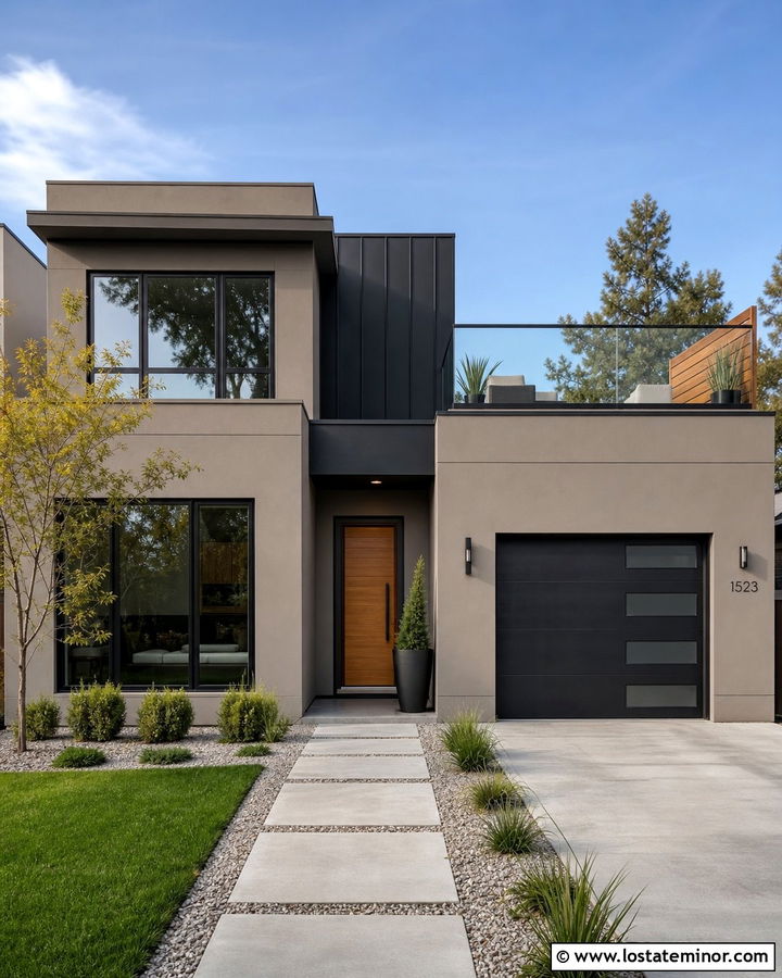 Taupe Modern House With Rooftop Deck - 30 Taupe House Design With Deck Ideas