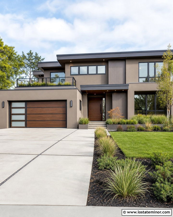 Taupe Modern House With Wood And Glass Garage Door - 30 Taupe House Design With Garage Door Ideas