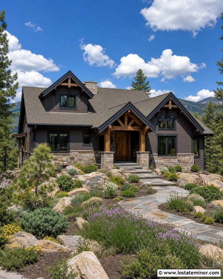 Taupe Mountain House With Boulder Landscaping - 30 Taupe House Design With Front Yard Ideas