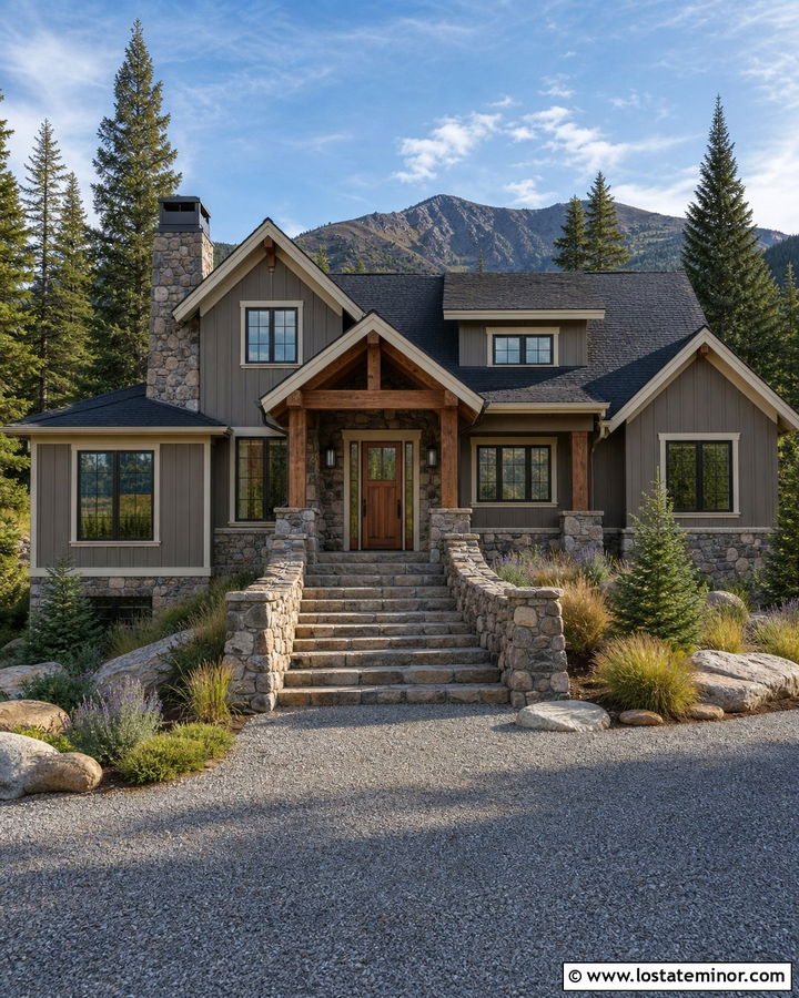 Taupe Mountain House With Fieldstone Steps - 30 Taupe House Design With Steps Ideas