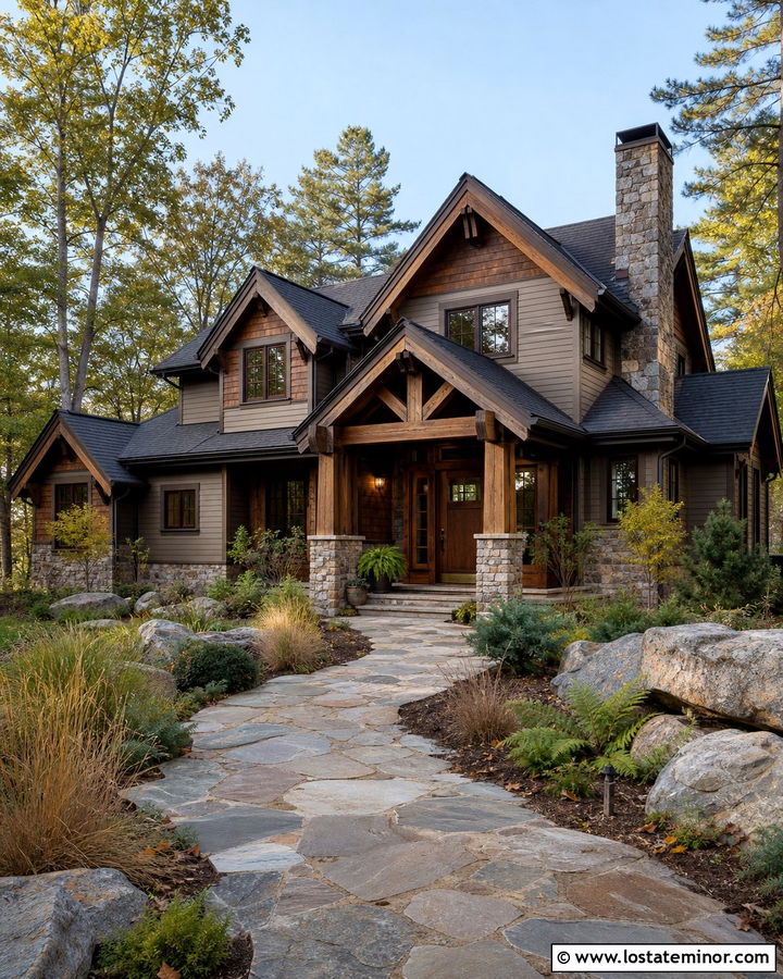 Taupe Mountain House With Fieldstone Walkway - 30 Taupe House Design With Walkway Ideas
