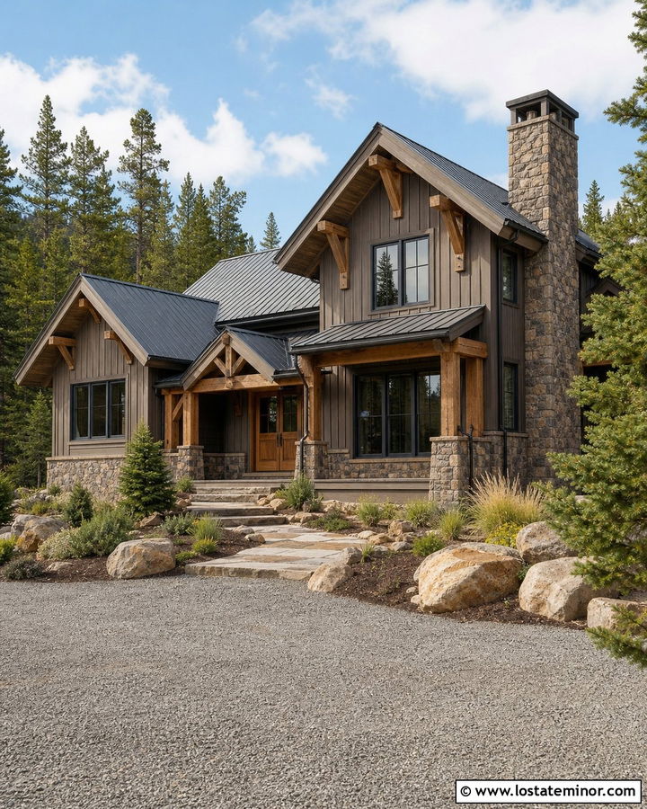 Taupe Mountain House With Full Stone Base - 30 Taupe House Design With Stone Accents Ideas